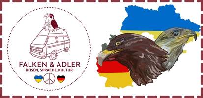 Logo des Ukraine Blogs Falken und Adler - Der Oldtimer VW T3 mit den Wappentieren der Ukraine, einem Falken und Deutschlands, einem Adler. Dazu die ukrainische und deutsche Flagge